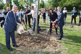 (v.l.) die Moskauer Minister Sergey Cheremin und Anton Kulbatschevskiy, Umweltdezernentin Helga Stulgies und OB Thomas Geisel im Nordpark bei der Baumpflanzung, mit Gießkannen und Spaten