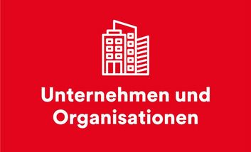 Es handelt sich um eine rote Kachel mit dem Piktogramm eines Gebäudes. Darunter befindet sich der Schriftzug "Unternehmen und Organisationen"