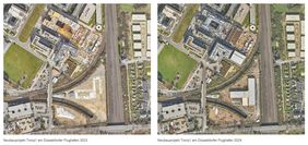 Das Luftbild 2024 (rechts) zeigt das neue Gebäude Toniq1 am Flughafen, welches im Vorjahr (links) noch im Bau war.