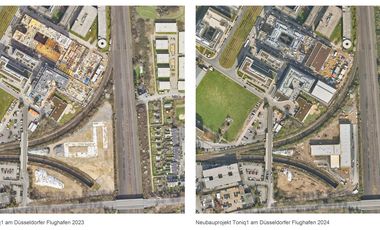 Das Luftbild 2024 (rechts) zeigt das neue Gebäude Toniq1 am Flughafen, welches im Vorjahr (links) noch im Bau war.