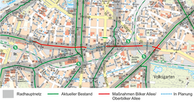 Übersichtskarte zu der Radverkehrsmaßnahme Oberbilker Allee und Bilker Allee