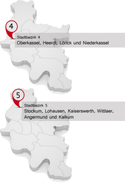 Kartenausschnitt Stadtbezirke 04 und 05 mit Stadtteilen