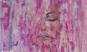 Kunstausstellung von Željana Brkić. Bild mit rosa Farben und einem verschwindenden Gesicht
