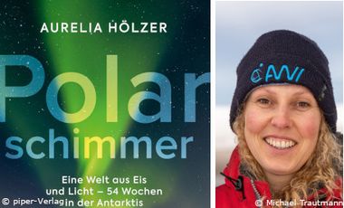 Collage aus Buchtitel: Aurelia Hölzer "Polarschimmer" und einer Portraitaufnahme von Aurelia Hölzer