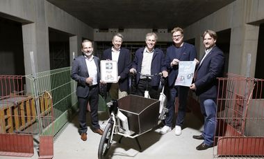 Programmvorstellung zur Europäischen Mobilitätswoche mit Klaus Schüßler, Stadtwerke, Holger Odenthal, Amt für Verkehrsmanagement, Mobilitätsdezernent Jochen Kral, Thomas Kötter, Rheinbahn und Simon Höhner, Verkehrswacht (v.l.). Fotos: Ingo Lammert