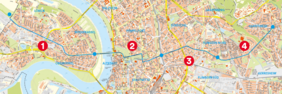 Die Grafik zeigt den Verlauf der Radleitroute 2 von West nach Ost. Aktuell wird am Bauabschnitt 1 im Linksrheinischen gearbeitet.  © Landeshauptstadt Düsseldorf/Amt für Verkehrsmanagement