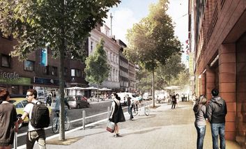 Die Infrastruktur und die Oberflächen von Friedrichstraße und Umgebung sollen neu gestaltet werden – so könnte es zukünftig aussehen. © Visualisierung: Scape Landschaftsarchitekten GmbH