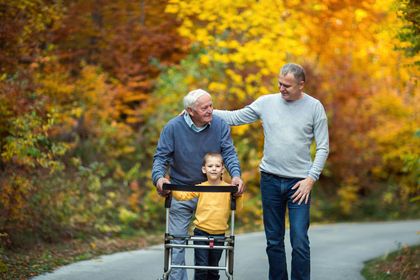 Mann mit Rollator macht mit seiner Familie einen Spaziergang, Foto: © iStock/Jovanmandic