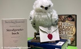 Foto mit Harry Potter Buch, Strafrechtbuch und Plüscheule